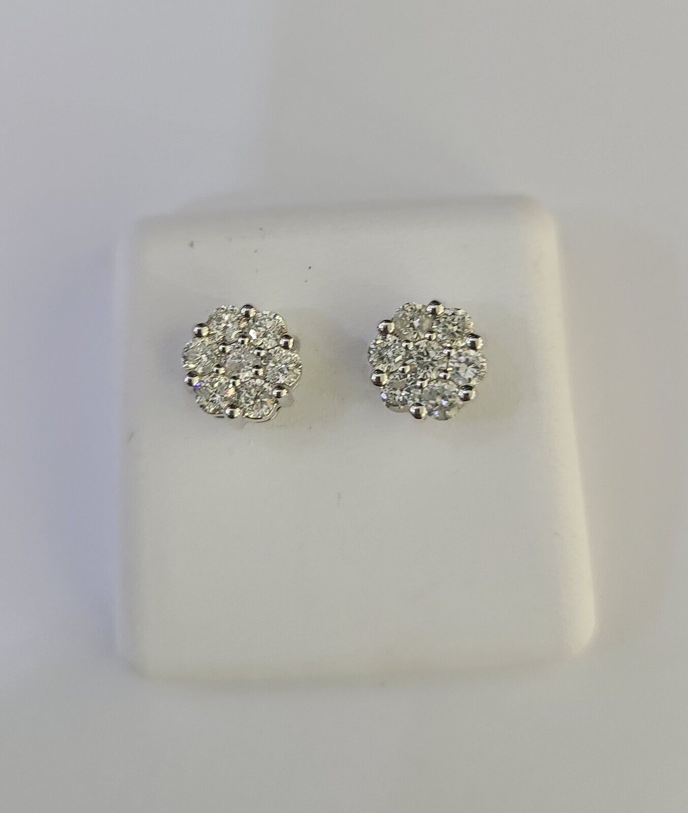 14k White Gold Flower Earrings Real Diamond Screw - Back Women Men Studs - GoldenlinQ